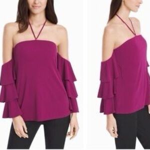 White House Black Market Pink Asymmetrical Ruffled cold shoulder Blouse